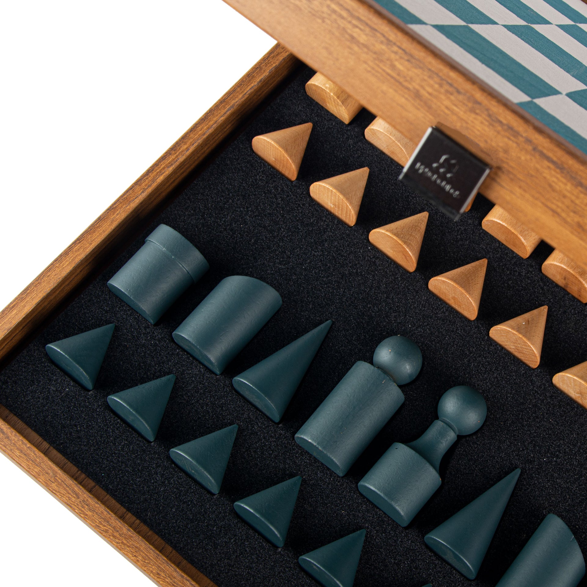 Set di Scacchi Stile Bauhaus in Legno e Similpelle Blu e Bianco con Vano Portapezzi - immagine 2