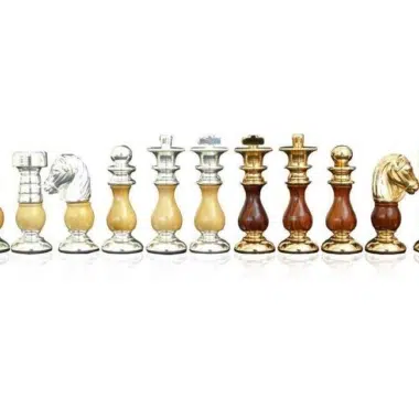 Jeu d’Echecs de Luxe Echiquier en Bois de Bruyère avec Tiroir et Pieces en Laiton Plaque Or et Argent