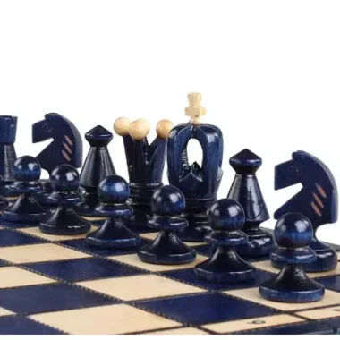 Jeu d'Echecs Pliable en Bois Bleu et Ivoire avec Rangement 34 x 34 cm