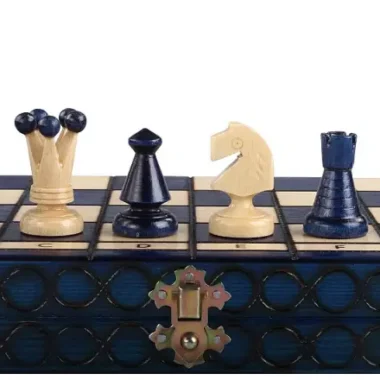Jeu d'Echecs Pliable en Bois Bleu et Ivoire avec Rangement 34 x 34 cm