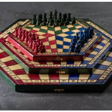 Jeu d'Échecs à 3 Joueurs en Bois – Coffret Tricolore Taille Moyenne avec Pièces Staunton