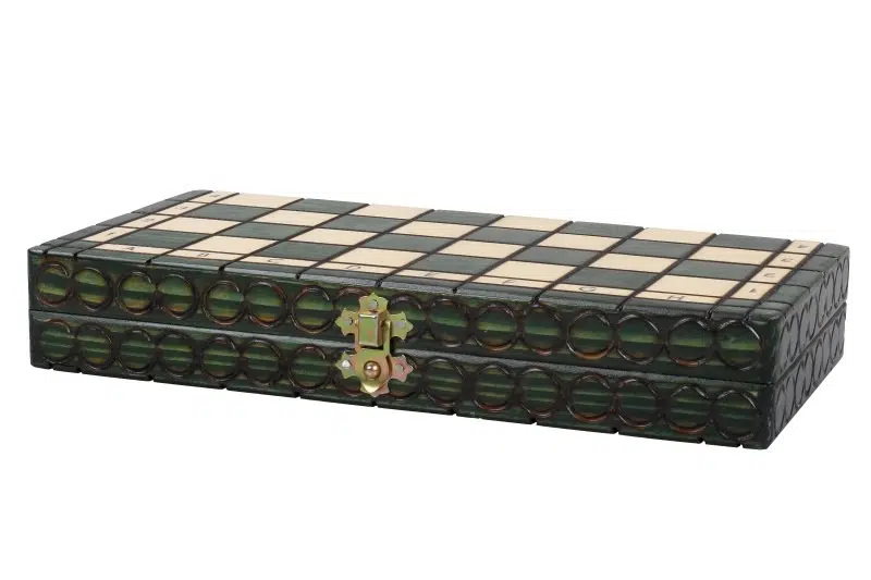 Ensemble d’Echecs en Bois Pliable – Petit Format 28,5 cm avec Pièces Vertes et Ivoire en Bois de Bouleau et de Hetre