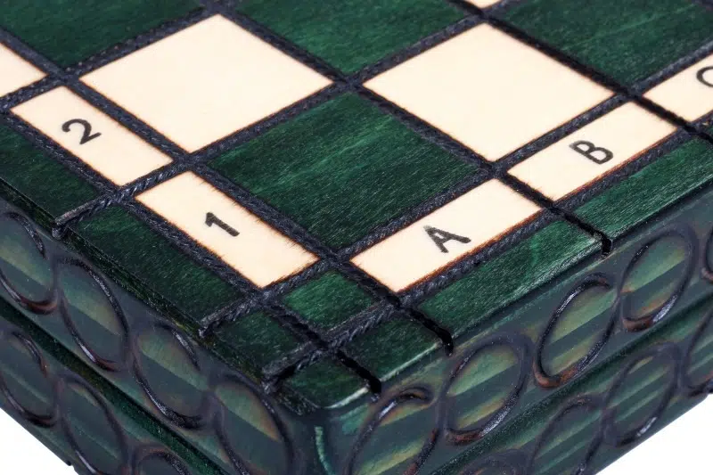Ensemble d’Echecs en Bois Pliable – Petit Format 28,5 cm avec Pièces Vertes et Ivoire en Bois de Bouleau et de Hetre