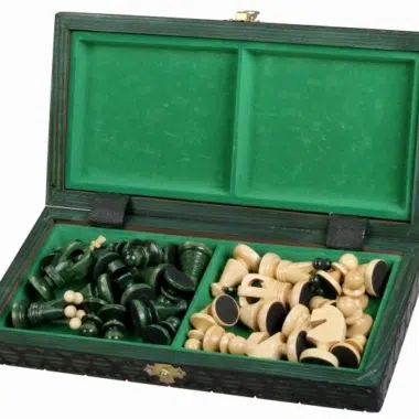 Ensemble d’Echecs en Bois Pliable – Petit Format 28,5 cm avec Pièces Vertes et Ivoire en Bois de Bouleau et de Hetre