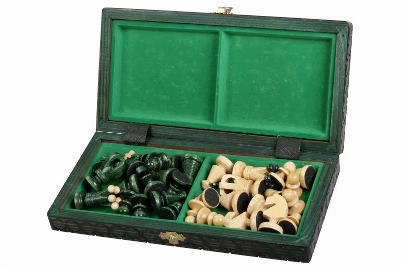Ensemble d’Echecs en Bois Pliable – Petit Format 28,5 cm avec Pièces Vertes et Ivoire en Bois de Bouleau et de Hetre