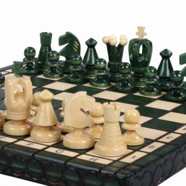 Ensemble d’Echecs en Bois Pliable – Petit Format 28,5 cm avec Pièces Vertes et Ivoire en Bois de Bouleau et de Hetre