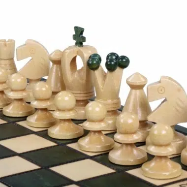 Ensemble d’Echecs en Bois Pliable – Petit Format 28,5 cm avec Pièces Vertes et Ivoire en Bois de Bouleau et de Hetre