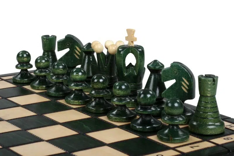 Ensemble d’Echecs en Bois Pliable – Petit Format 28,5 cm avec Pièces Vertes et Ivoire en Bois de Bouleau et de Hetre