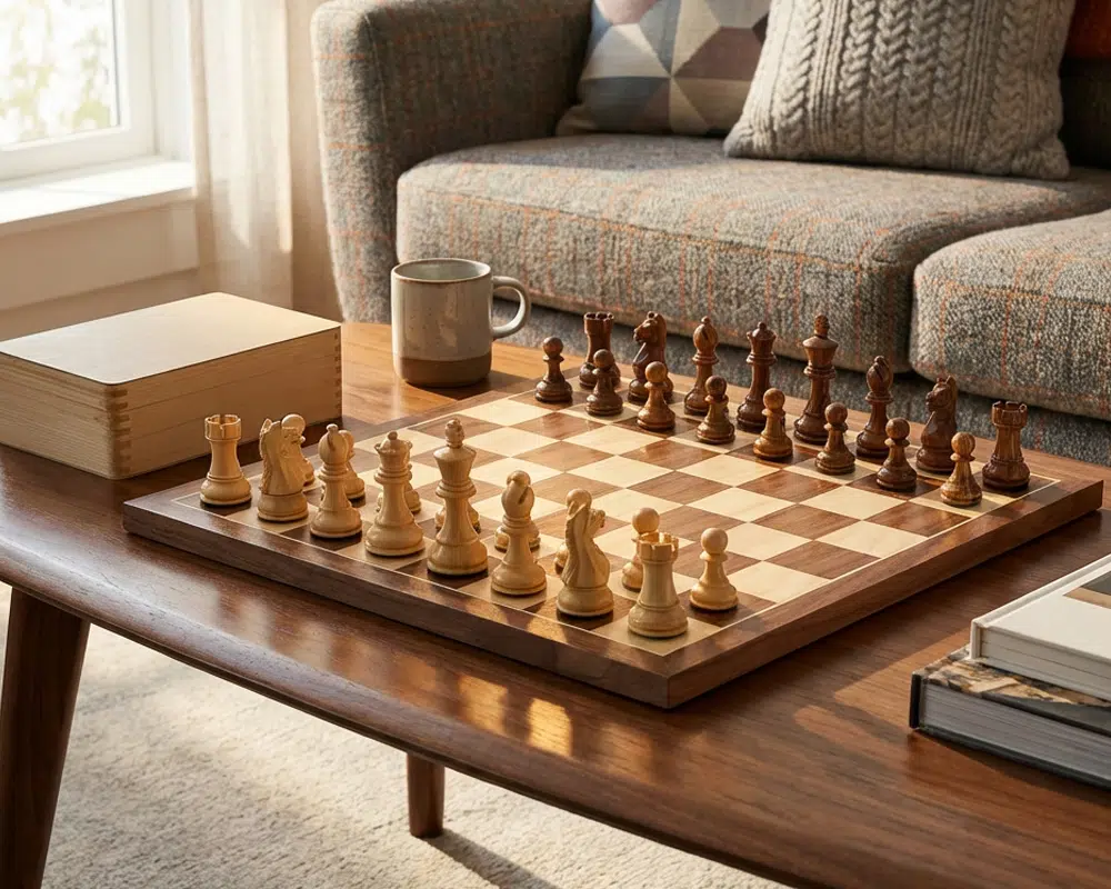 Jeu d'échecs Fierce Knight installé sur une table avec une ambiance cosy - Le Palais Des Echecs