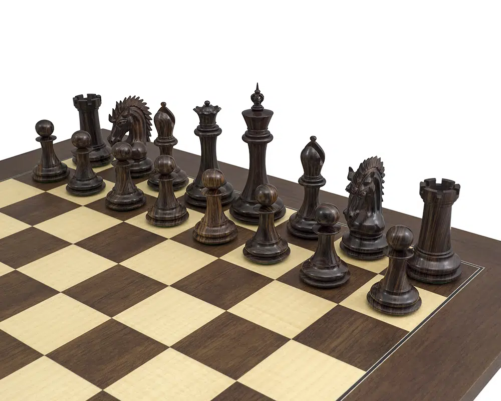 Détails des pièces noires du jeu d'échecs Sheffield Knight en palissandre