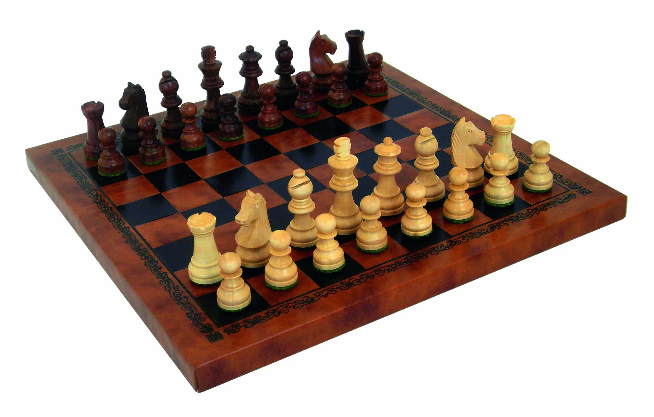 Petit Jeu d'Échecs de Salon : Pièces Staunton en Bois d'Acacia Lestées Roi 5 cm & Échiquier Similicuir Noir et Doré 26 x 26 cm