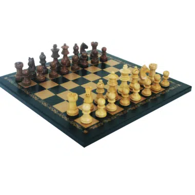 Petit Jeu d'Échecs Design : Pièces Staunton en Bois d'Acacia Lestées Roi 5 cm & Échiquier Similicuir Noir et Doré 26 x 26 cm