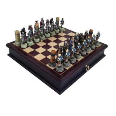 Jeu d'échecs thématique Romains contre Arabes complet sur échiquier coffret en palissandre 32cm