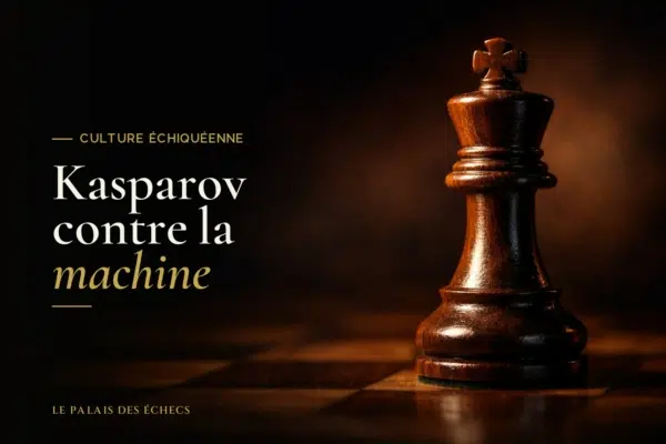 Roi d'échecs en bois isolé, à moitié dans une lumière dorée, à moitié dans une ombre bleutée, symbole du duel entre l'homme et la machine